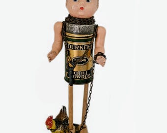 Found Object Assemblage Art,A Quirky Doll And Tin Figure