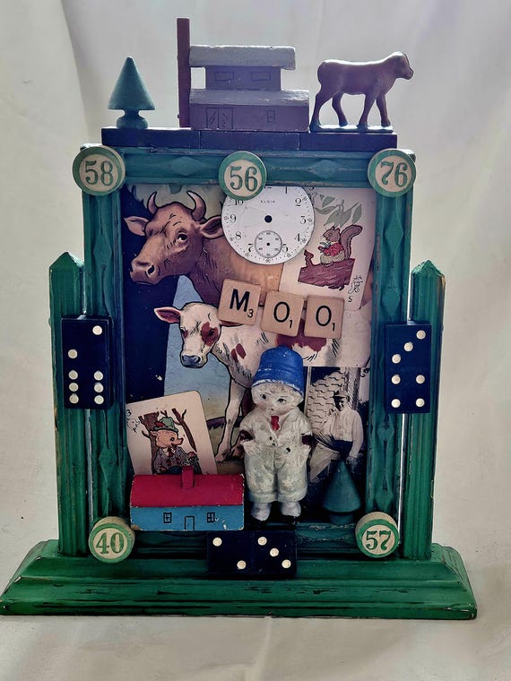 Charming Mixed Media Assemblage,MOO,Cow and Farm Appeal,Vintage Nostalgic Style