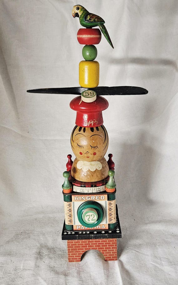 PEPPY - Whimsical Totem Assemblage,Found Wooden Objects,Colorful and Kitschy Sculpture