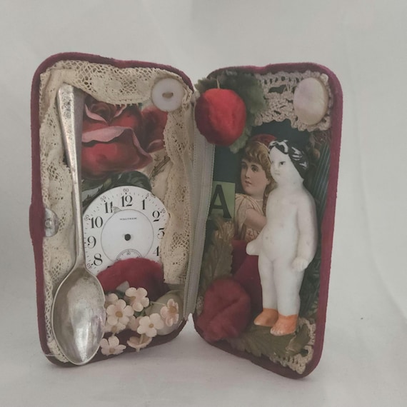 Handmade Victorian Inspired Assemblage,Featuring A Frozen Charlotte Doll,Mixed Antique Ephemera,Trims And More