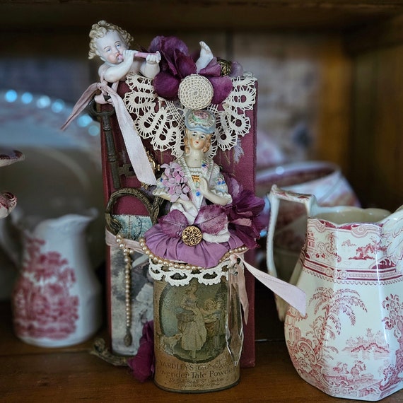 CUPID CALLS,Romantic Victorian Shabby Assemblage, Half Doll,Powder Tin,Bisque Cupid ,Purple Hues