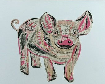 ROSE The Pig Collage, Giclee Print Original From Antique Papers Ephemera,Adorable