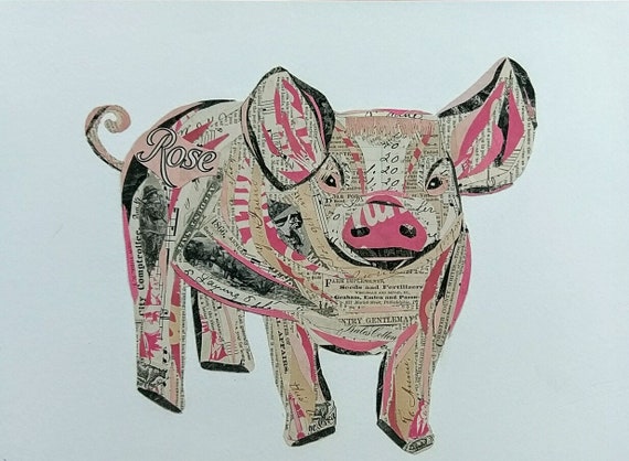 ROSE The Pig Collage, Giclee Print Original From Antique Papers Ephemera,Adorable