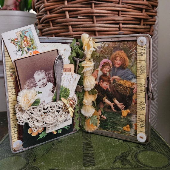 Antique Leather Case Assemblage: Victorian Baby Photo And Childhood Ephemera Mixed Media Art