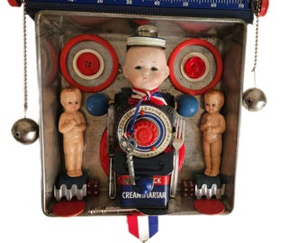 Hanging Art Assemblage,Whimsical Red White And Blue, Eclectic Kitchen Decor