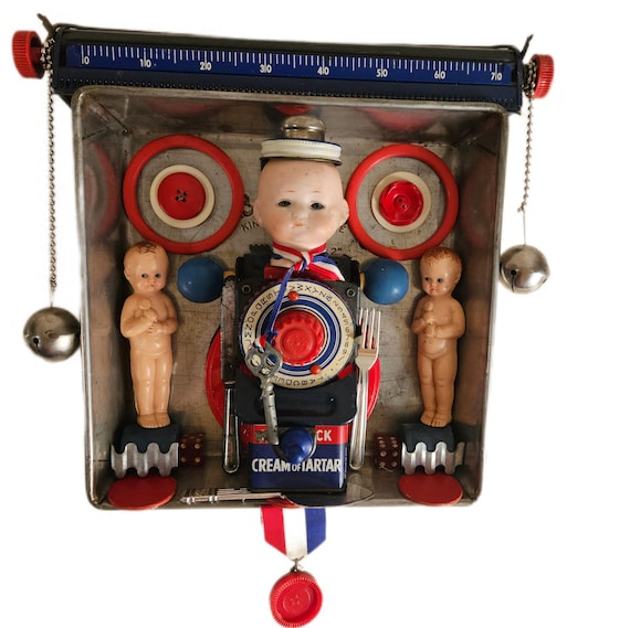 Hanging Art Assemblage,Whimsical Red White And Blue, Eclectic Kitchen Decor