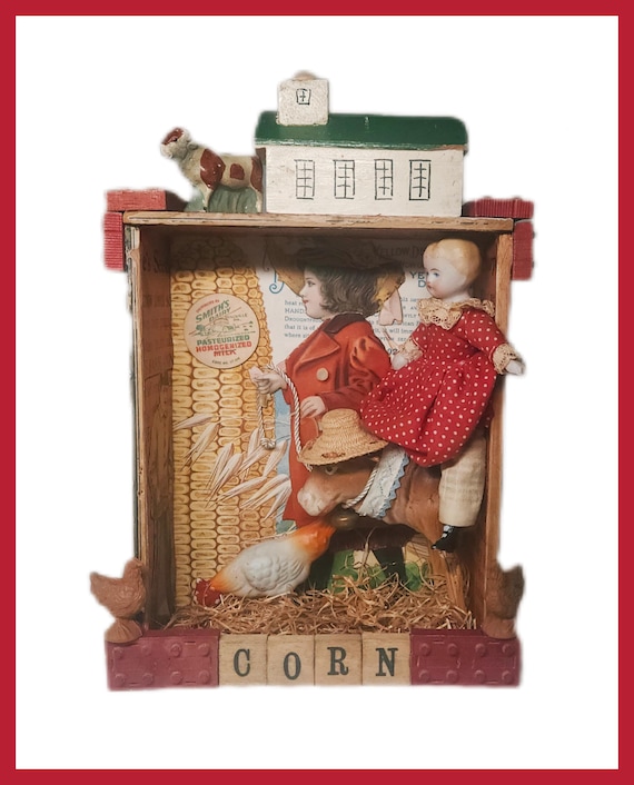 Assemblage Story Box, Mixed Media Farming Art with Cow and Corn