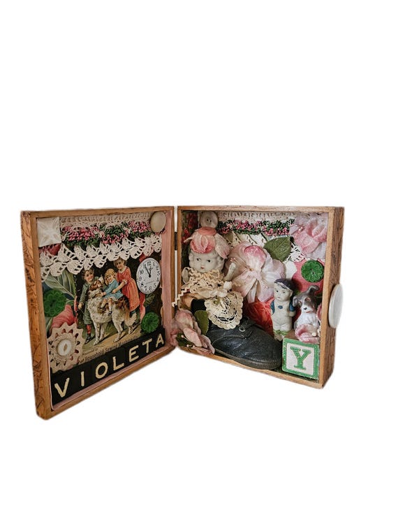 Handmade Victorian Inspired Assemblage,Featuring An Antique Doll,Mixed Ephemera,Trims And More,VIOLETA