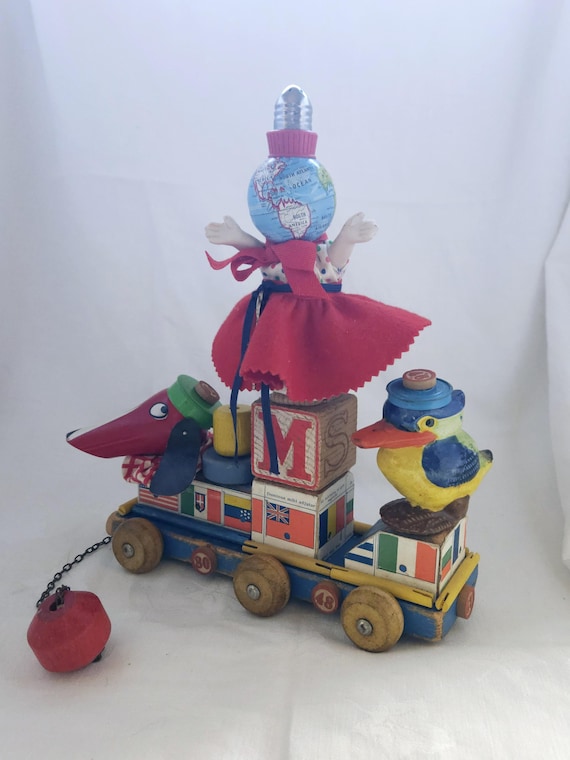 Miss World Parade: Whimsical Anthropomorphic Globe Sculpture - Unique Assemblage Art Pull Toy