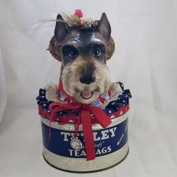 Whimsical Terrier Dog Head Assemblage Art on Tetley Tea Tin - Unique Repurposed Gift for Animal Lovers