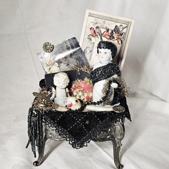 Victorian Inspired Assemblage, MARYS MEMORIES, Frozen Charlotte Doll,Black Beads,Jewelry Casket,Dove,Photograph, Free Ship