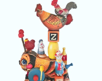 Whimsical Folk Art Assemblage Sculpture with Vintage Toys BUZZY Bee