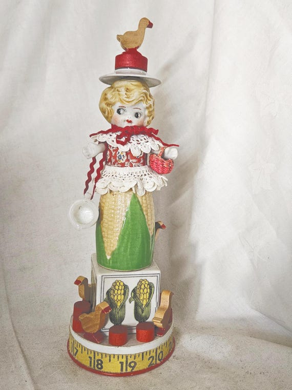 Whimsical Corn Girl Assemblage Doll Sculpture Named CORALINE