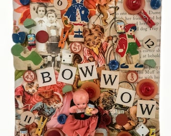 Mixed Media Art DOG DAYS , Fun, Colorful Antique Dog Illustrations,Dolly, Found Objects