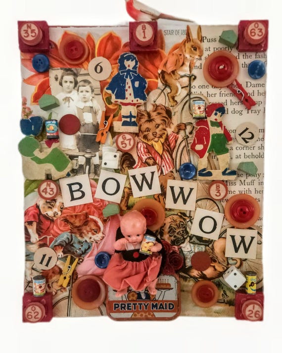 Mixed Media Art DOG DAYS , Fun, Colorful Antique Dog Illustrations,Dolly, Found Objects