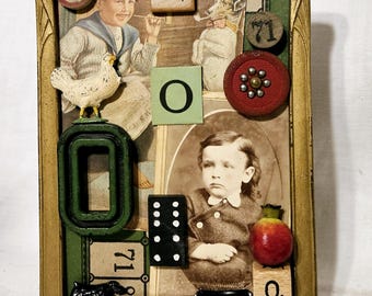Vintage Victorian collage art, antique found objects, eclectic mixed media assemblage, Edwardian nostalgia, OOAK
