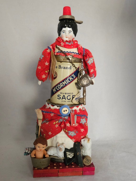 Whimsical China Doll Head Tin Assemblage: Motherhood Art Piece - OOAK Vintage-Inspired Sculpture