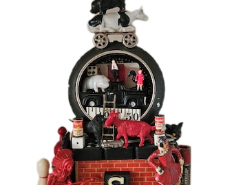 S Is For SIDESHOW- Found Object Assemblage ,Alarm Clock, Animals,Toys , Whimsical OOAK