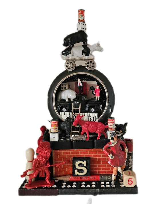 ENTERTAIN- Alarm Clock Assemblage  Farm Animals, Whimsical Found Object Art