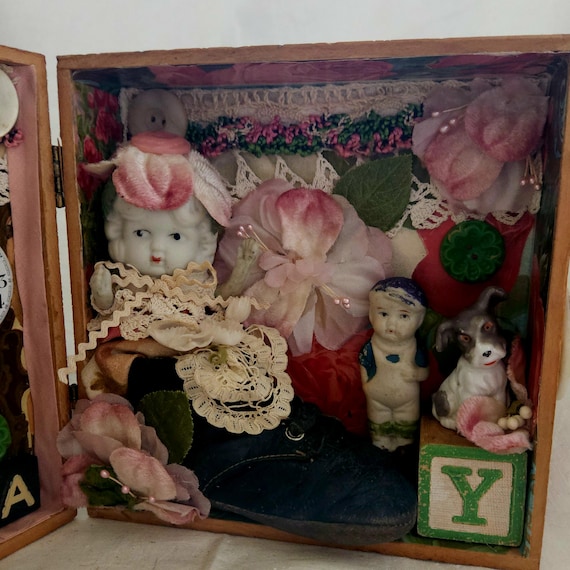 Handmade Victorian Inspired Assemblage,Featuring An Antique Doll,Mixed Ephemera,Trims And More,VIOLETA