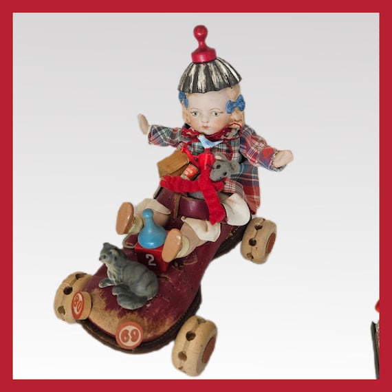 Vintage Shoe Sculpture | Road Trip Decor | Whimsical Doll Art with Tinker Toy Wheels, Cat, Mouse, and Red Leather Car