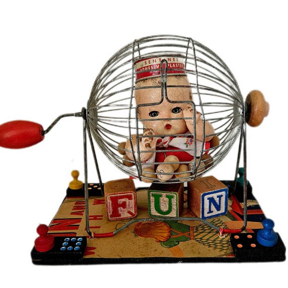 Doll Head In Bingo Cage Assemblage FUN & GAMES, Whimsical, Weird and One Of   A Kind