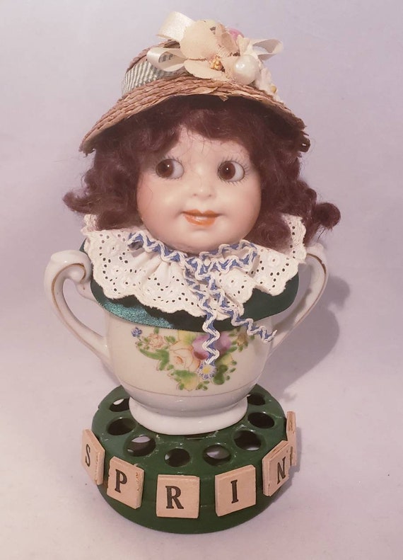 Found Object,Altered Doll Head,SPRING PEEPER,Gardener Appeal,Frog,Catapillar,Flea Market Finds, Whimsical