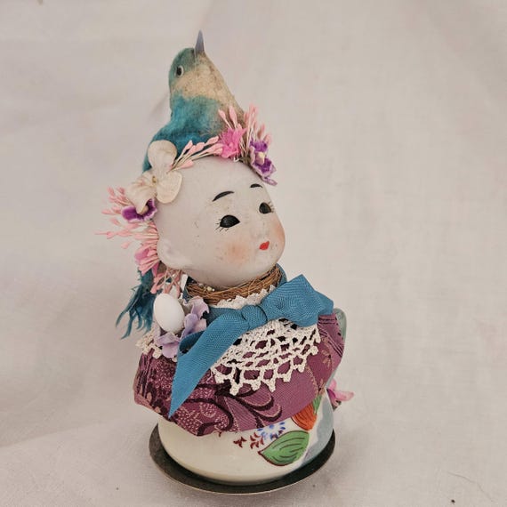 Whimsical Altered Doll Head & Bird Assemblage, Colorful Feminine Tea Art Sculpture with Floral Nest