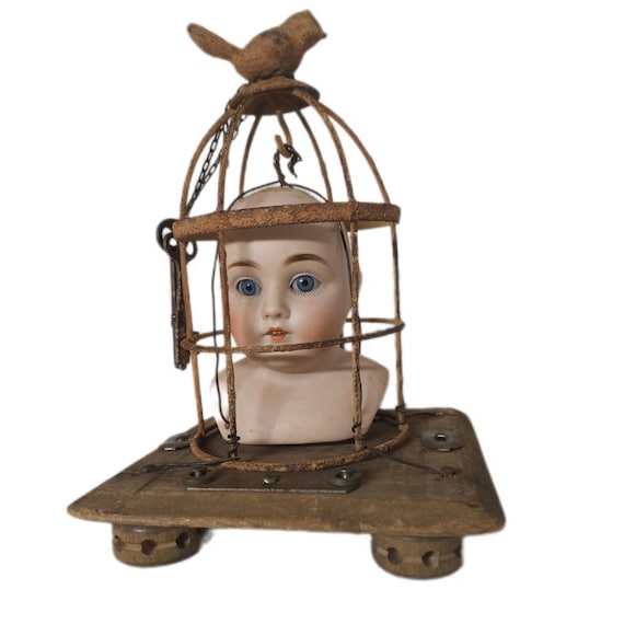 Curious Doll Head and Bird Cage Assemblage | Found Objects Steampunk Art ,Oddity Sculpture