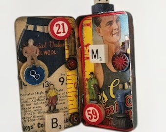 Mixed Media Mini Art Tin Assemblage,Whimsical Masculine Ephemera And Figures