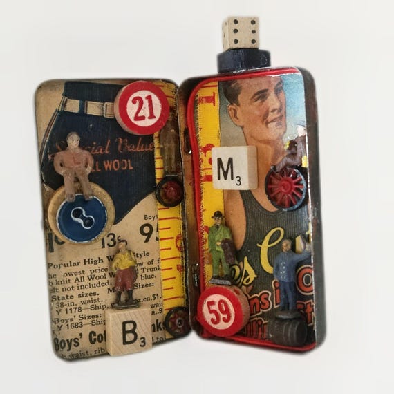 Mixed Media Mini Art Tin Assemblage,Whimsical Masculine Ephemera And Figures