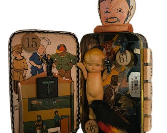 Mixed Media Art Tin, Whimsical Shadowbox,Assemblage,Doll,Minatures,Teenie Weenies Illustrations