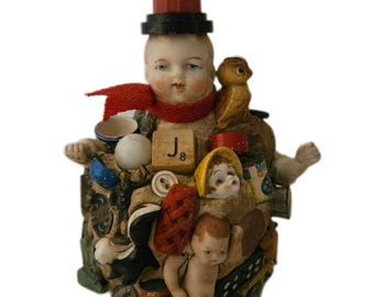 Found Object Whimsical Mini Memory Jug With Doll Head