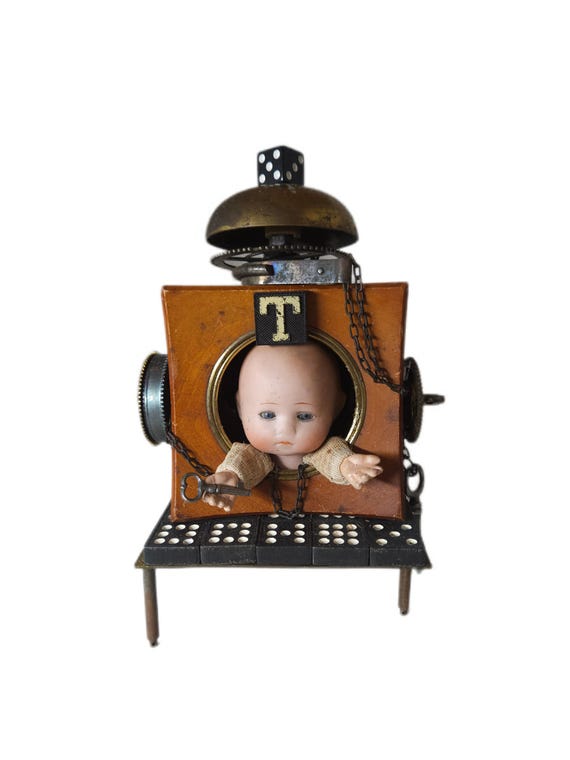 Found Object Clock Parts and Doll Head Assemblage, Curiosity