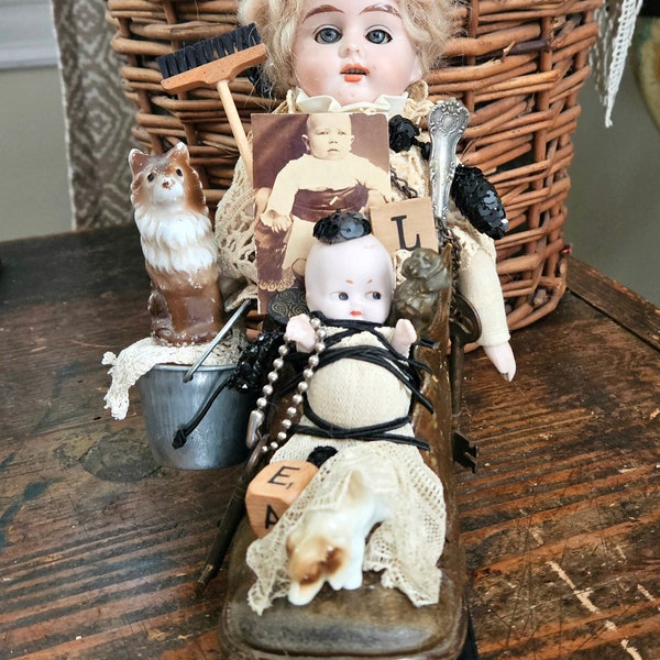 Assemblage Altered Doll Art,Antique Bisque Head Repurposed,LITTLE LADY In A Shoe,Whimsical, Dogs,Children