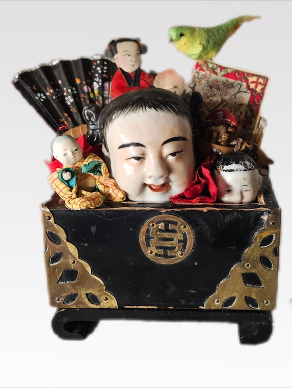 Asian Inspired Whimsical Assemblage, PEEK-A-BOO,Interesting OOAK