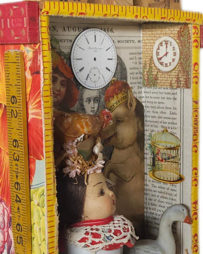 Assemblage Story Box | Farming Art with Chickens, Goose, Houses & Doll Head | Rustic Folk Shadowbox Bild 2