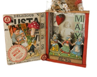 Vintage Assemblage Art Box - Handmade Shadow Box with Bird Nest, Mushroom & Ephemera