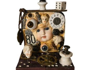 Found Object Assemblage Sculpture A Curious Steampunk Oddity,Clock Parts and Eyeballs