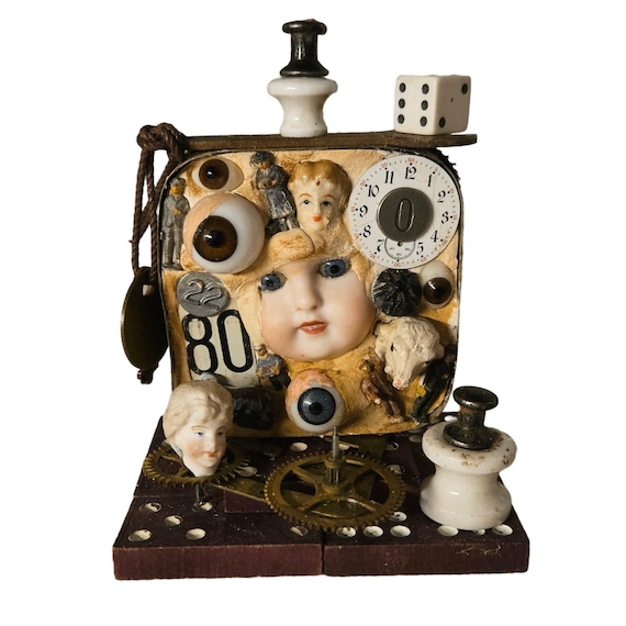 Found Object Assemblage Sculpture A Curious Steampunk Oddity,Clock Parts and Eyeballs