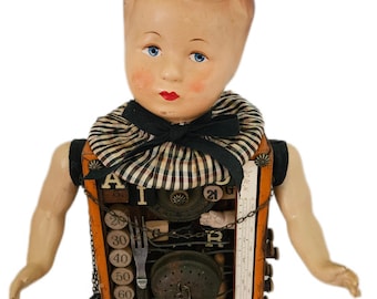 Found Object Assemblage Art Sculpture, Doll Parts and Concertina Body ,A Curiosity