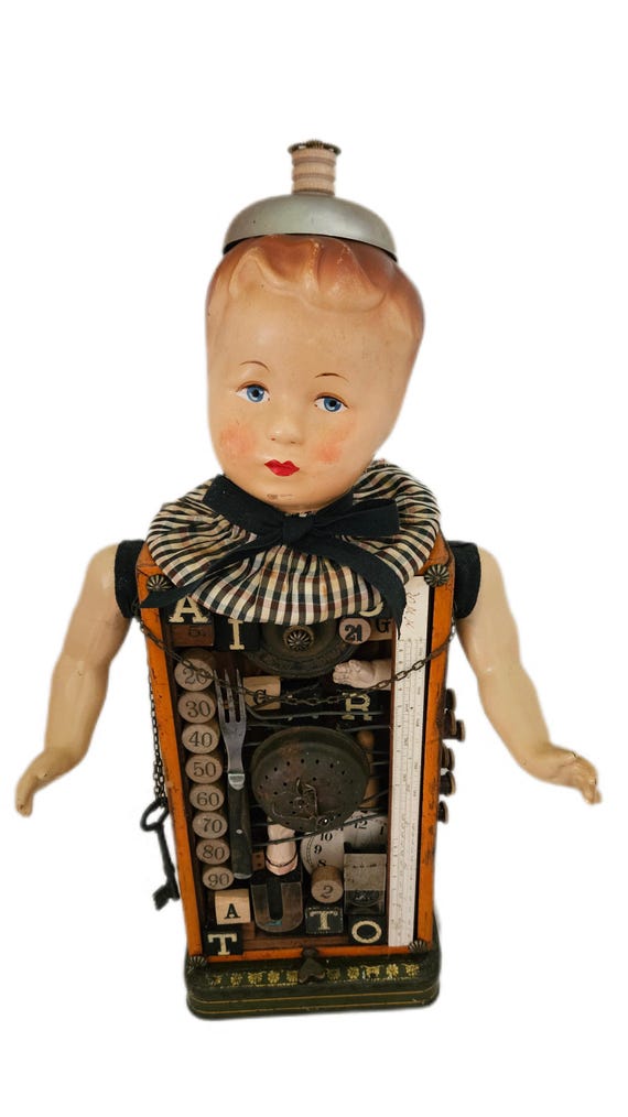 Found Object Assemblage Art Sculpture, Doll Parts and Concertina Body ,A Curiosity