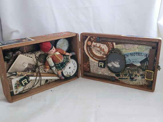 Charming Scottish Boy Traveler Shadowbox: Mixed Media Assemblage with Maps and Vintage Labels