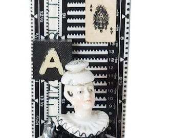 Assemblage Kinetic Art Original Victorian Pierrot Half Doll Moving Clock Mechanism Mourning  Jet Beading Steampunk Curiosity