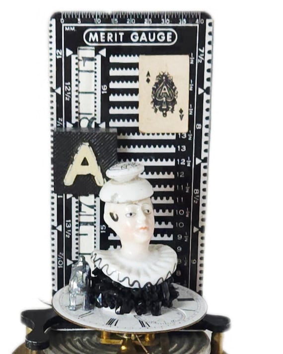 Assemblage Kinetic Art Original Victorian Pierrot Half Doll Moving Clock Mechanism Mourning  Jet Beading Steampunk Curiosity