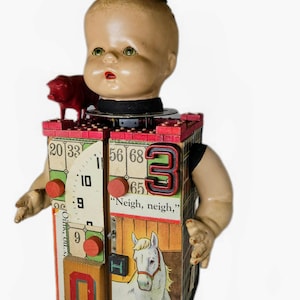 Doll Head Assemblage Sculpture Shadowbox PIG FUN,Whimsical Unusual One-of-a-kind Art image 1