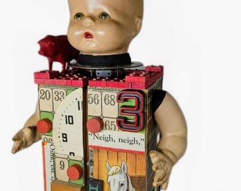 Doll Head Assemblage Sculpture Shadowbox PIG FUN,Whimsical Unusual One-of-a-kind Art
