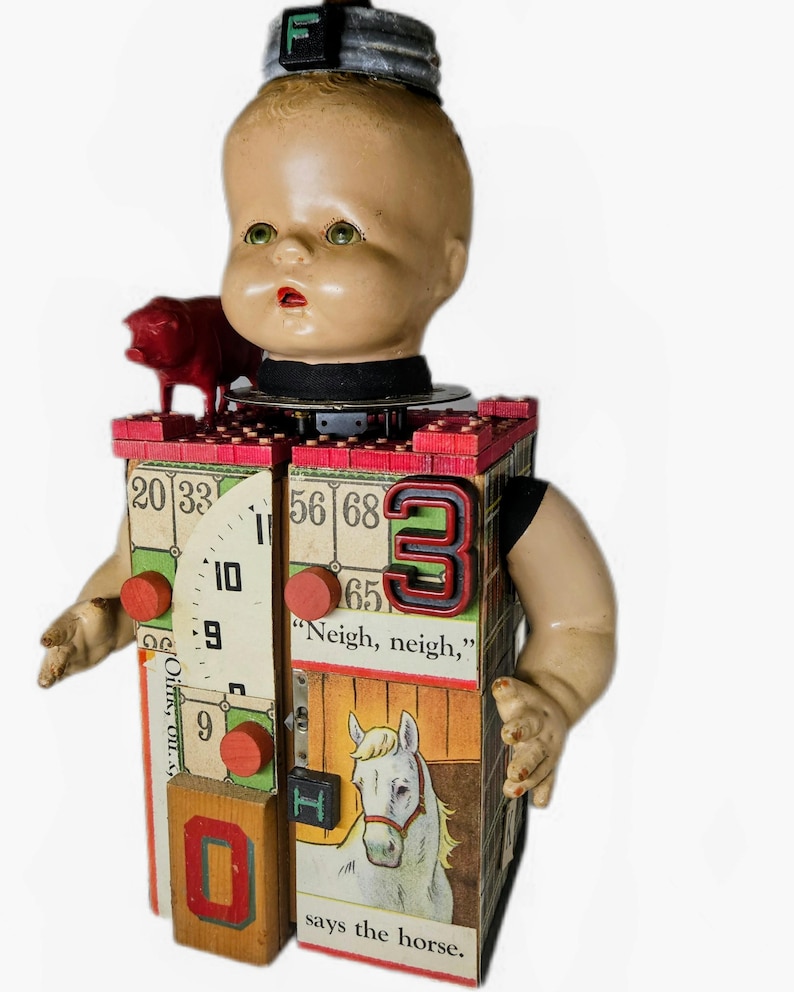 Doll Head Assemblage Sculpture Shadowbox PIG FUN,Whimsical Unusual One-of-a-kind Art image 1