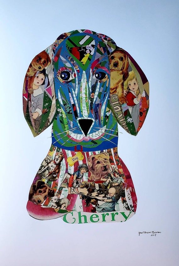 CHERRY,Dog Collage Art,Giclee Print,Colorful Old Ephemera