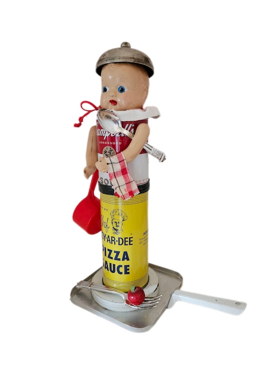 Fun Kitchen Doll Head Assemblage, LET'S EAT, Whimsical